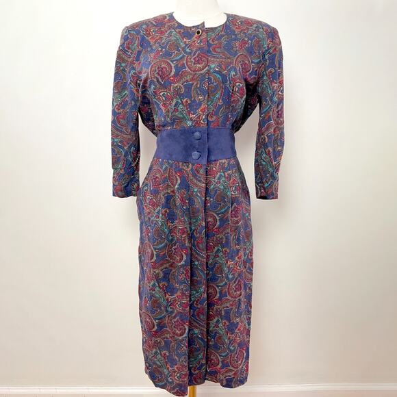 Vintage 90S Paisley Suede Dark Academia Bookish Secretary Midi Dress Size S - Picture 1 of 9
